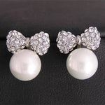 White Pearl and Crystal Bow Silver Plated Stud Earrings - BELLADONNA