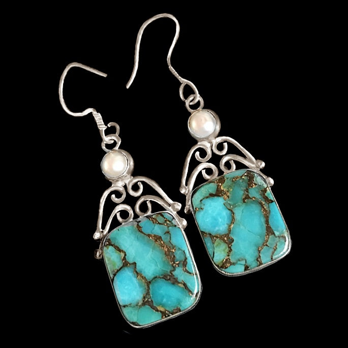 Indonesian Bali - Java Natural Copper Turquoise, White Pearl Gemstone .925 Sterling Silver Earrings - BELLADONNA