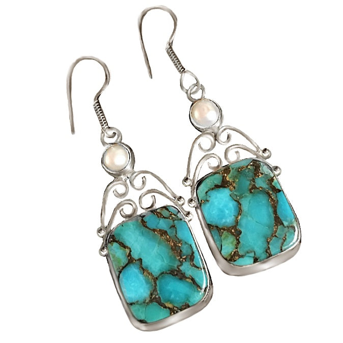 Indonesian Bali - Java Natural Copper Turquoise, White Pearl Gemstone .925 Sterling Silver Earrings - BELLADONNA