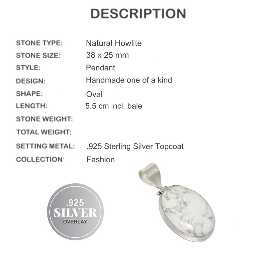 Natural Howlite Gemstone .925 Sterling Silver Pendant - BELLADONNA