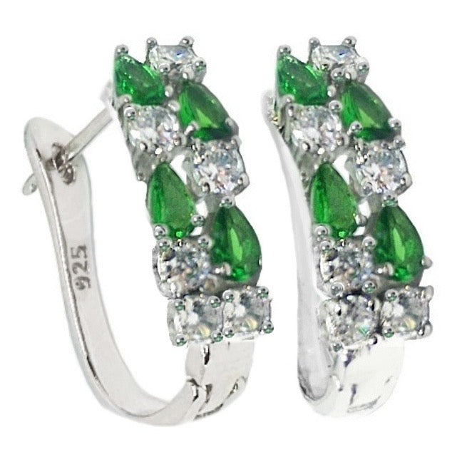 Emerald Quartz, White Cubic Zirconia Earrings In .925 Sterling Silver, 14K White Gold - BELLADONNA