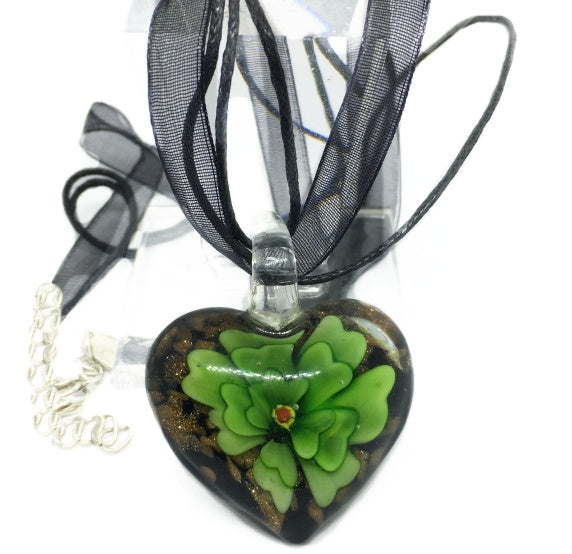 Floral Murano Glass Heart Pendant Necklace - BELLADONNA