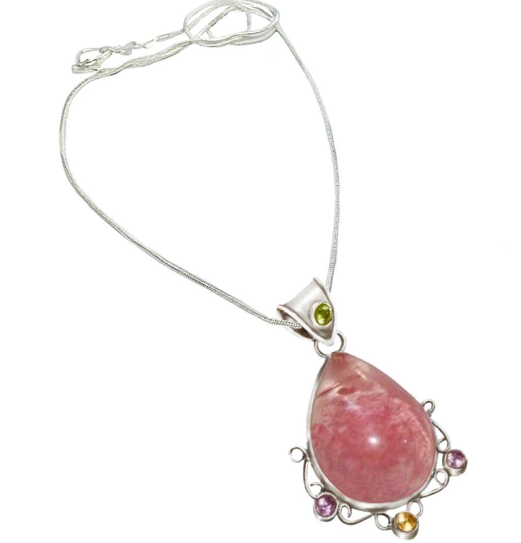Natural Argentina Rhodochrosite and Mixed Gems In Solid .925 Sterling Silver + Free Chain - BELLADONNA