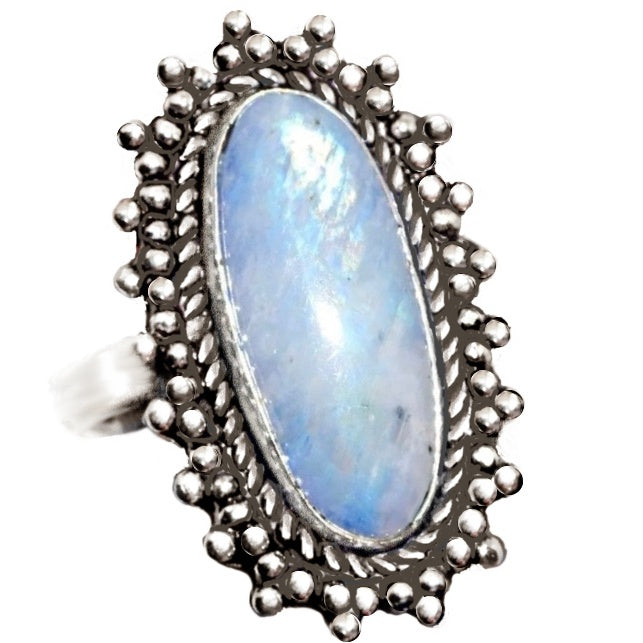 Victorian Natural Oval Rainbow Moonstone .925 Silver Ring Size US 8 / UK Q - BELLADONNA