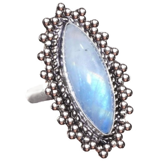 Victorian Natural Marquise Rainbow Moonstone .925 Silver Ring Size US 7.5 / UK P - BELLADONNA