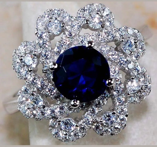 2 ct Blue Sapphire , White Topaz Genuine Solid.925 Sterling Silver Ring Size 8 - BELLADONNA