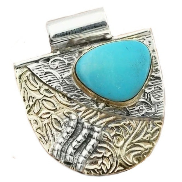 Two Tone Natural Mexican Turquoise Gemstone Solid .925 Sterling Silver Pendant - BELLADONNA