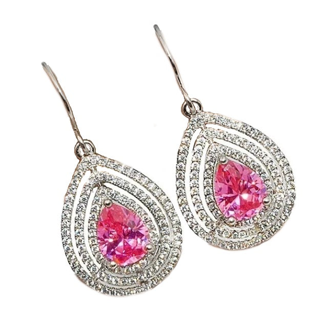 2 cts Pink Sapphire and White Topaz Gemstone Solid.925 Sterling Silver Earrings - BELLADONNA