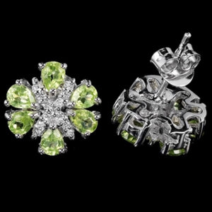 Natural Unheated Peridot, White Cubic Zirconia Gemstone Solid .925 Sterling Silver Earrings - BELLADONNA