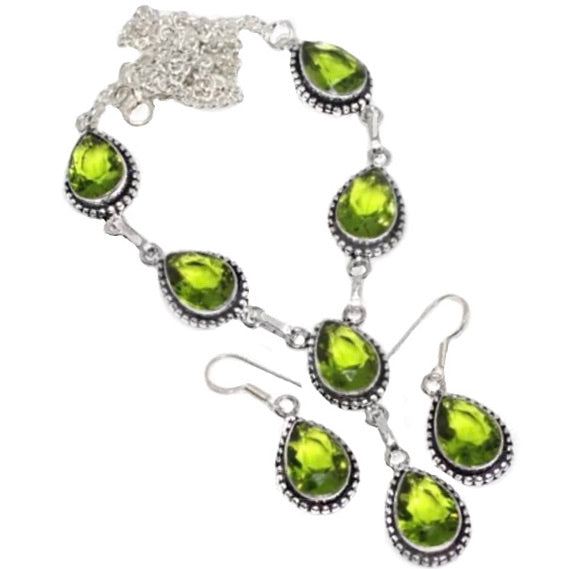 Faceted Peridot Gemstone .925 Silver Necklace & Earrings Set - BELLADONNA