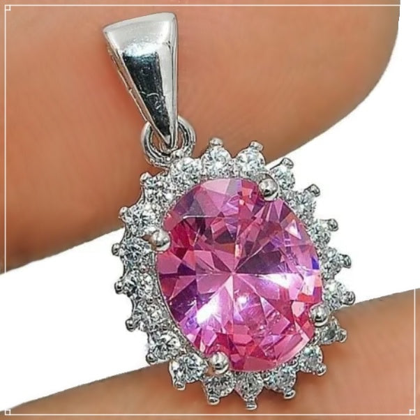 2 cts Pink Sapphire and White Topaz Gemstone Solid .925 Silver Pendant - BELLADONNA