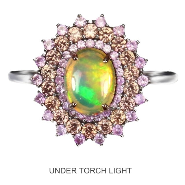 8 x 6 mm Unheated Ethiopian Fire Opal Oval, Sapphires Solid .925 Sterling Ring Size 8 / Q - BELLADONNA