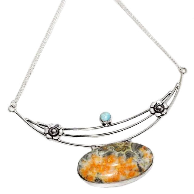 Natural Bumble Bee Jasper and Caribbean Larimar .925 Sterling Silver Necklace - BELLADONNA