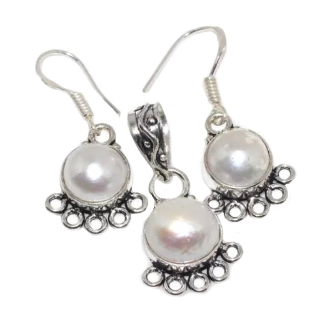 Natural White River Pearl. 925 Sterling Silver Pendant and Earrings Set - BELLADONNA