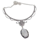 Victorian Style Natural Rainbow Moonstone Gemstone .925 Silver Necklace - BELLADONNA