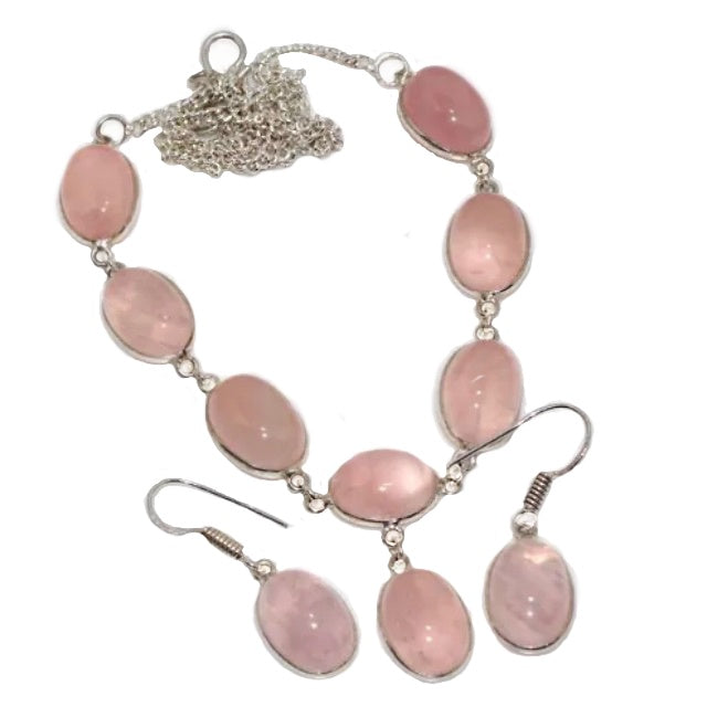 Natural Rose Quartz .925 Sterling Silver Necklace and Earrings Set - BELLADONNA