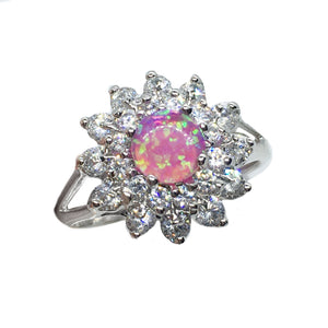 Handmade Pink Fire Opal, White Cubic Zirconia Gemstone .925 Sterling Ring Size 9 - BELLADONNA