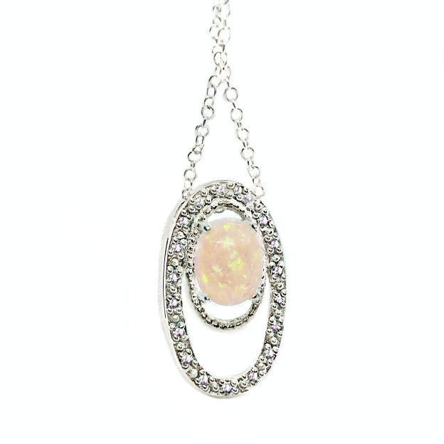 Dainty Pink Fire Opal, White CZ Gemstone .925 Silver Necklace - BELLADONNA