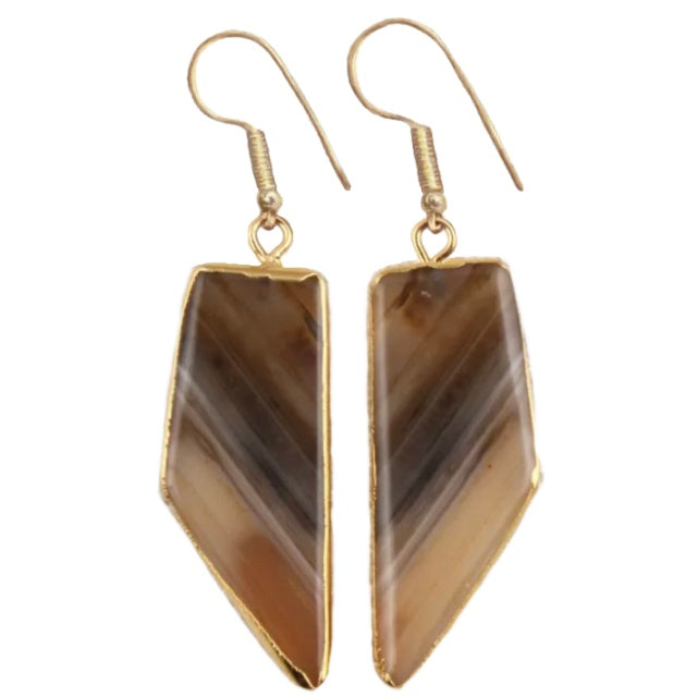 Natural Brown Agate Gemstone Gold Plated Brass Earrings - BELLADONNA