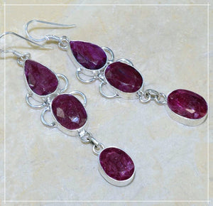 Extra Long Indian Cherry Red Ruby, Earrings Set in .925 Silver - BELLADONNA