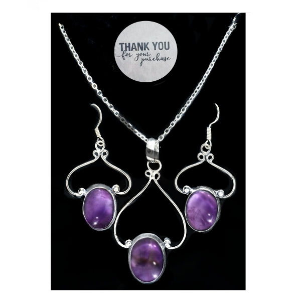 Natural Purple Amethyst Gemstone 925 Silver Necklace and Earrings Set - BELLADONNA