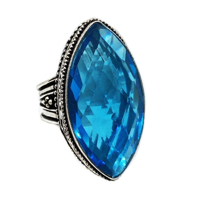 Handmade Faceted Blue Quartz Gemstone .925 Silver Plated Ring Size US 10 - BELLADONNA