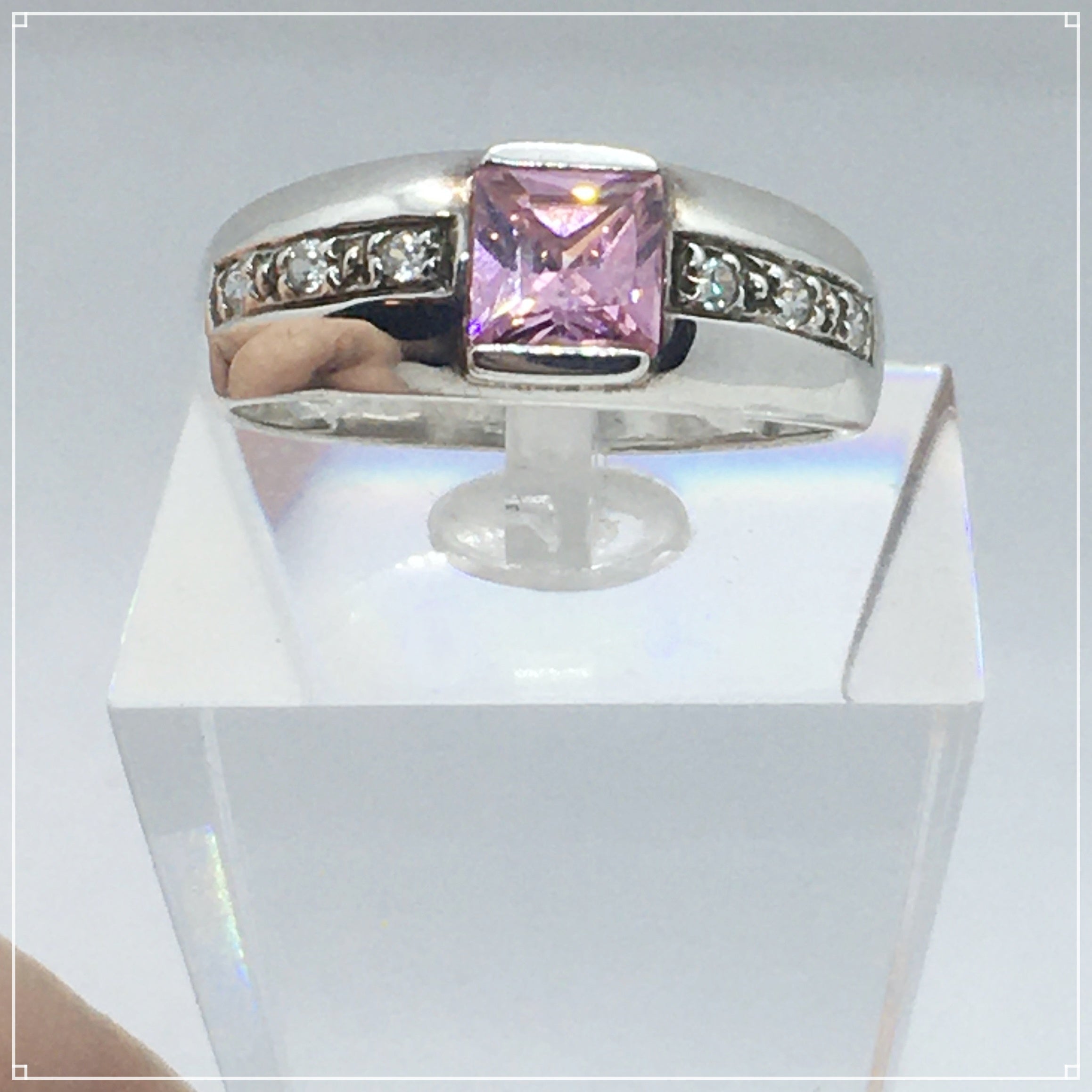 Pink Topaz and White Zirconia Solid.925 Sterling Silver Ring Size US 10 / UK T - BELLADONNA