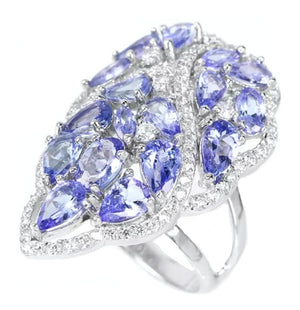 Deluxe Natural Unheated Tanzanite and AAA White Cubic Zirconia Ring in Solid .925 Silver Size US 7.25 or UK O - BELLADONNA