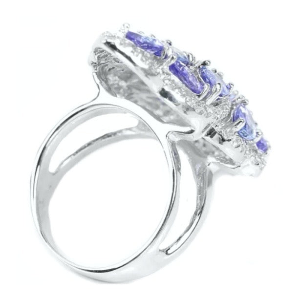 Deluxe Natural Unheated Tanzanite and AAA White Cubic Zirconia Ring in Solid .925 Silver Size US 7.25 or UK O - BELLADONNA