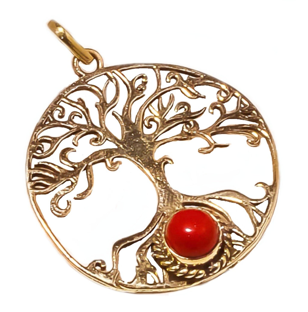 Handmade Tree of Life Red Coral Gemstone Pendant .925 Silver Pendant + 14K Gold Filled Chain - BELLADONNA