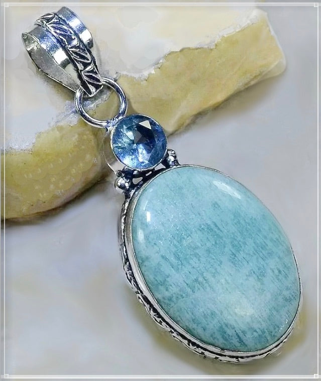 Handmade Natural Aquamarine, Blue Topaz Gemstone 925 Sterling Silver Pendant - BELLADONNA