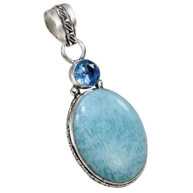Handmade Natural Aquamarine, Blue Topaz Gemstone 925 Sterling Silver Pendant - BELLADONNA