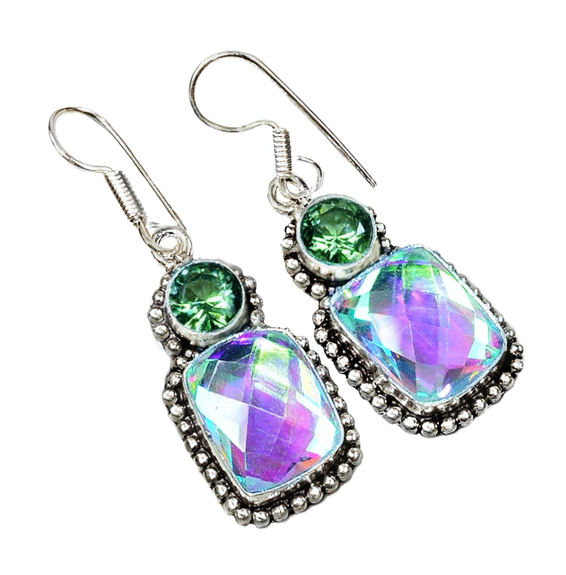 Rainbow Aqua Pink Topaz Faceted Green Amethyst Gemstone .925 Silver Earrings - BELLADONNA