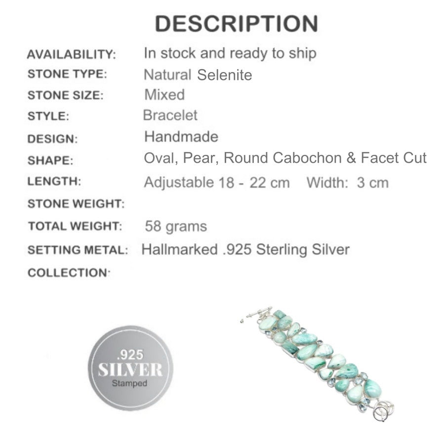 Natural 58 grams Selenite, Blue Topaz .925 Sterling Silver Bracelet - BELLADONNA