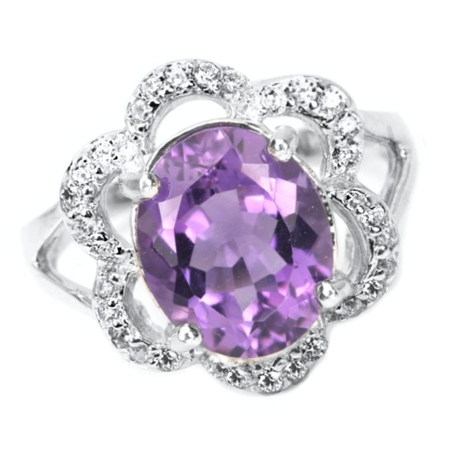 AAA Natural Purple Amethyst, White Cz Solid .925 Silver Ring Size 7.25 - BELLADONNA