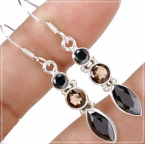Natural Onyx, Smoky Topaz Solid .925 Sterling Silver Earrings - BELLADONNA