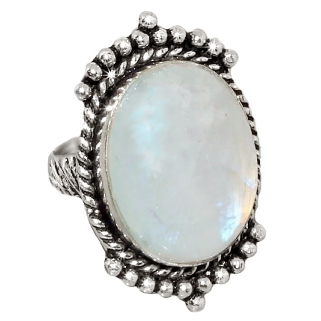 Antique Style Natural Rainbow Moonstone Oval Solid .925 Silver Ring Size 7 - BELLADONNA