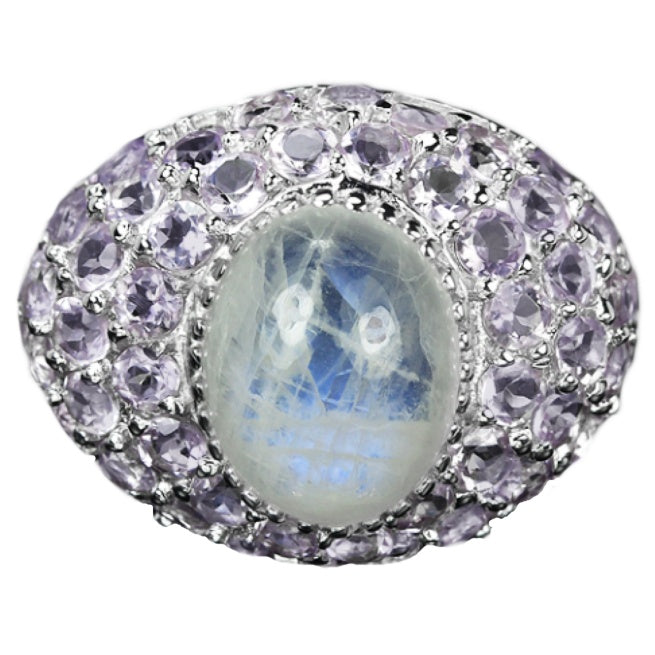 Natural Rainbow Moonstone, Purple Amethyst Ring Solid .925 Silver Size 8.5 - BELLADONNA