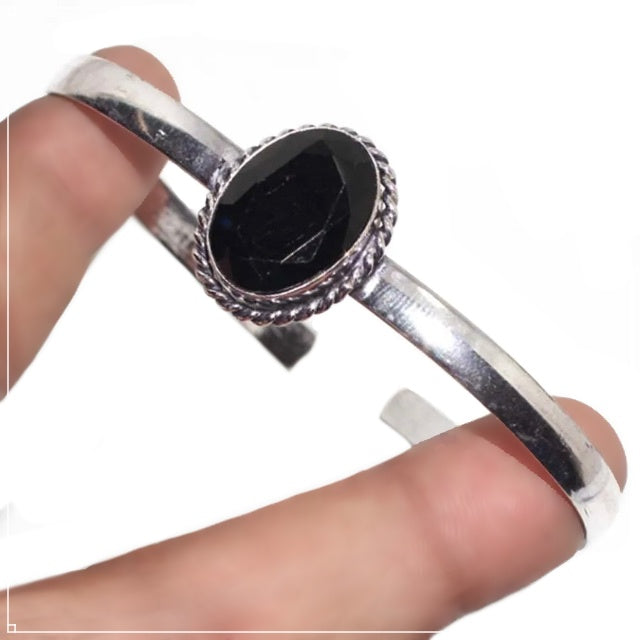 Handmade Black Onyx Gemstone .925 Silver Adjustable Bangle - BELLADONNA