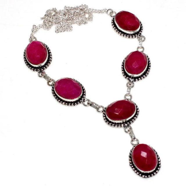 Natural Indian Cherry Ruby Necklace Set In .925 Sterling Silver - BELLADONNA