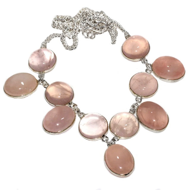 Natural Rose Quartz Oval Gemstone Necklace in .925 Sterling Silver - BELLADONNA