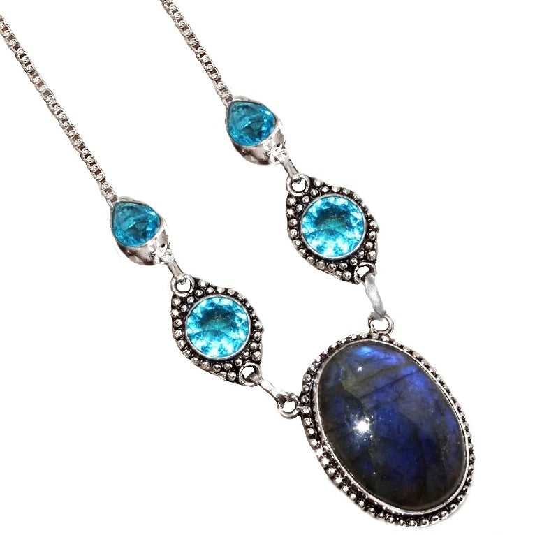Natural Blue Fire Labradorite, Topaz Gemstone 925 Silver Necklace - BELLADONNA