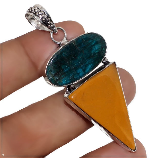 Natural Blue Apatite Oval and Mookaite Gemstone .925 Sterling Silver Pendant - BELLADONNA