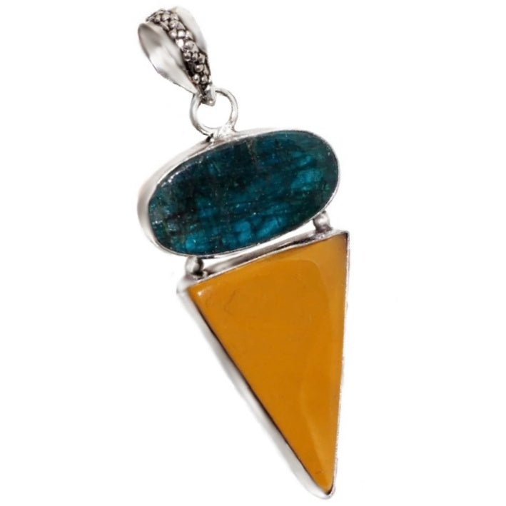 Natural Blue Apatite Oval and Mookaite Gemstone .925 Sterling Silver Pendant - BELLADONNA
