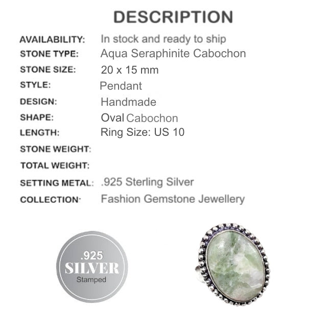 Soft Green Peach Aqua Seraphinite Gemstone .925 Silver Ring US 10 - BELLADONNA