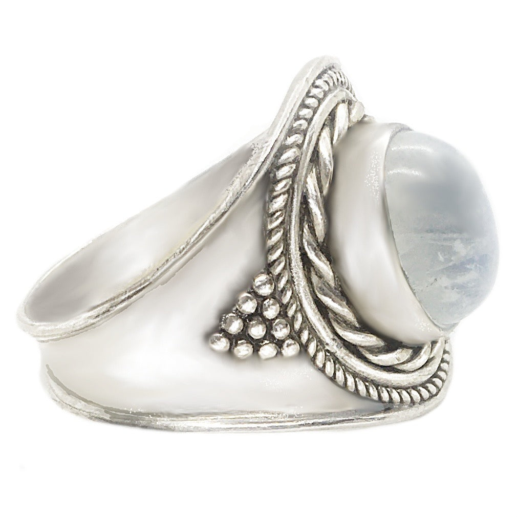 Natural Blue Schiller Rainbow Moonstone Solid .925 Sterling Silver Ring Size US 8 or Q - BELLADONNA