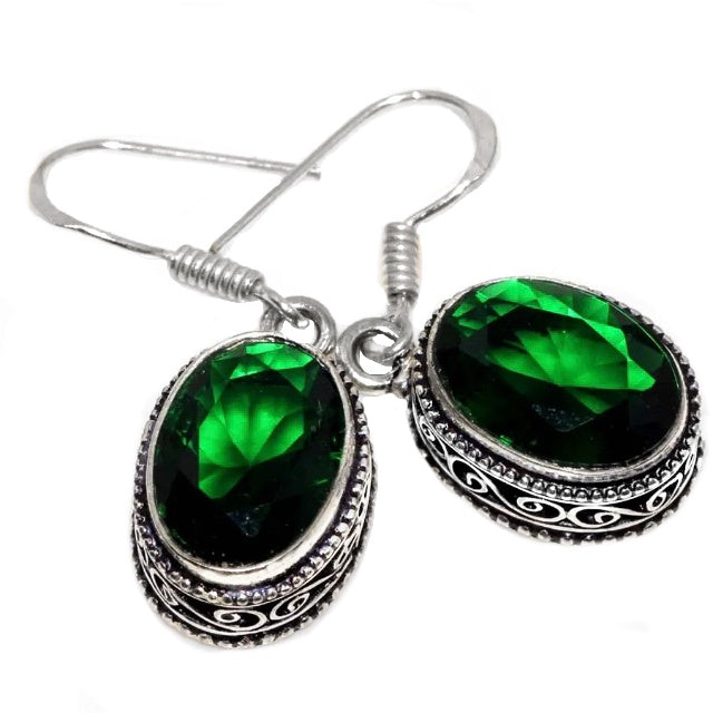 Antique Style Emerald Quartz Gemstone 925 Silver Earrings - BELLADONNA