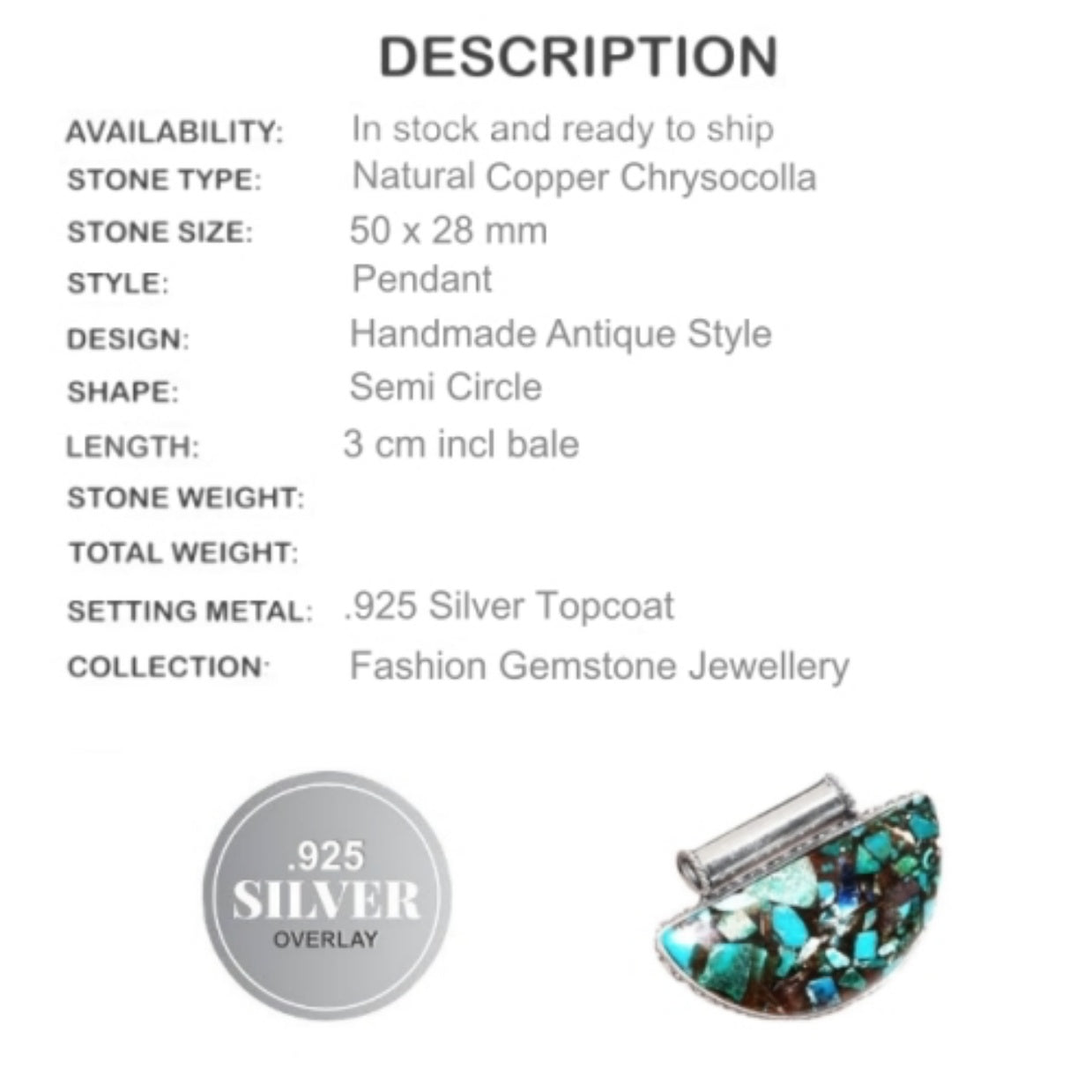 Natural Copper Chrysocolla Gemstone . 925 Sterling Silver Pendant - BELLADONNA