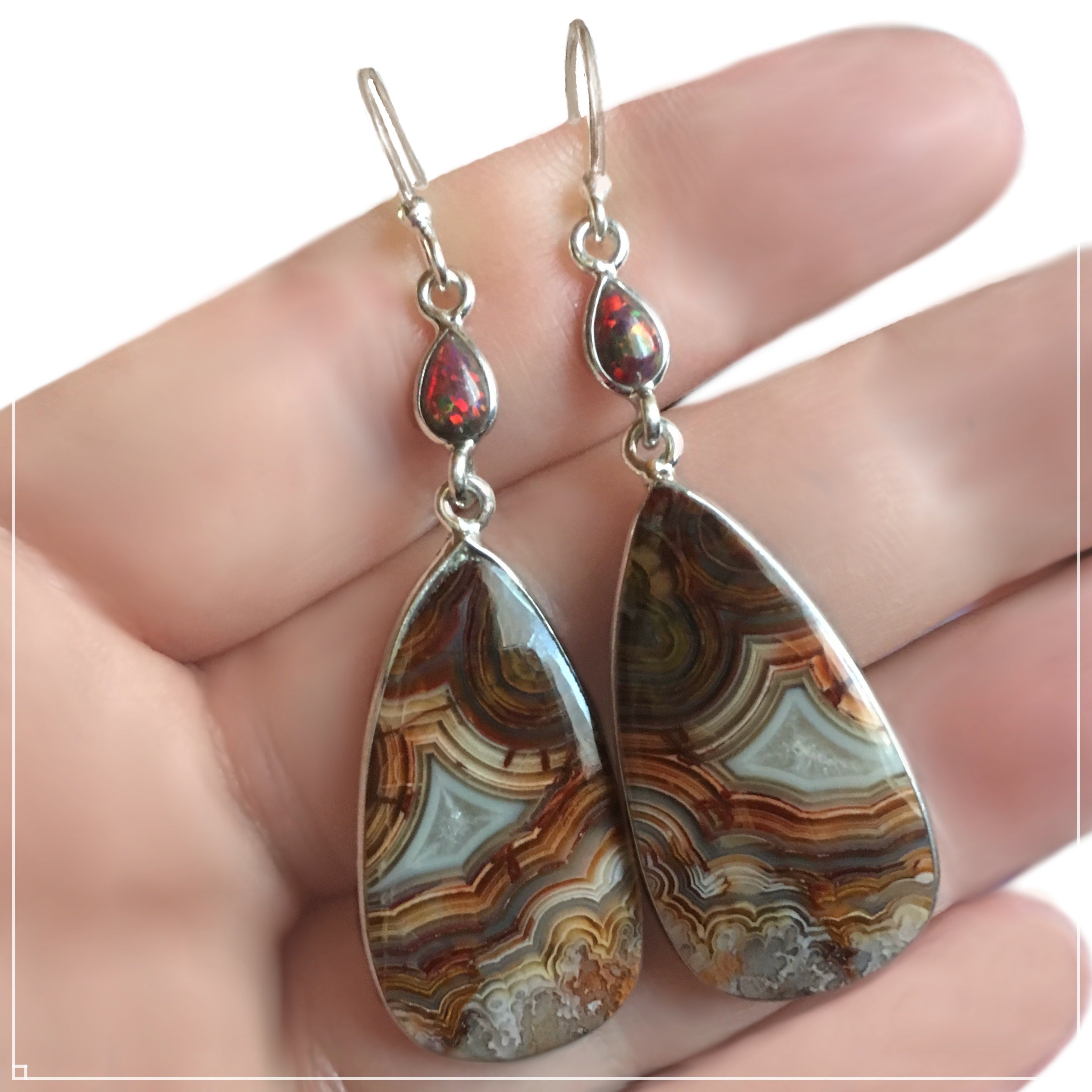Natural Mexican Laguna Lace Agate, Fire Opal Gemstone Solid .925 Sterling Silver Earrings - BELLADONNA