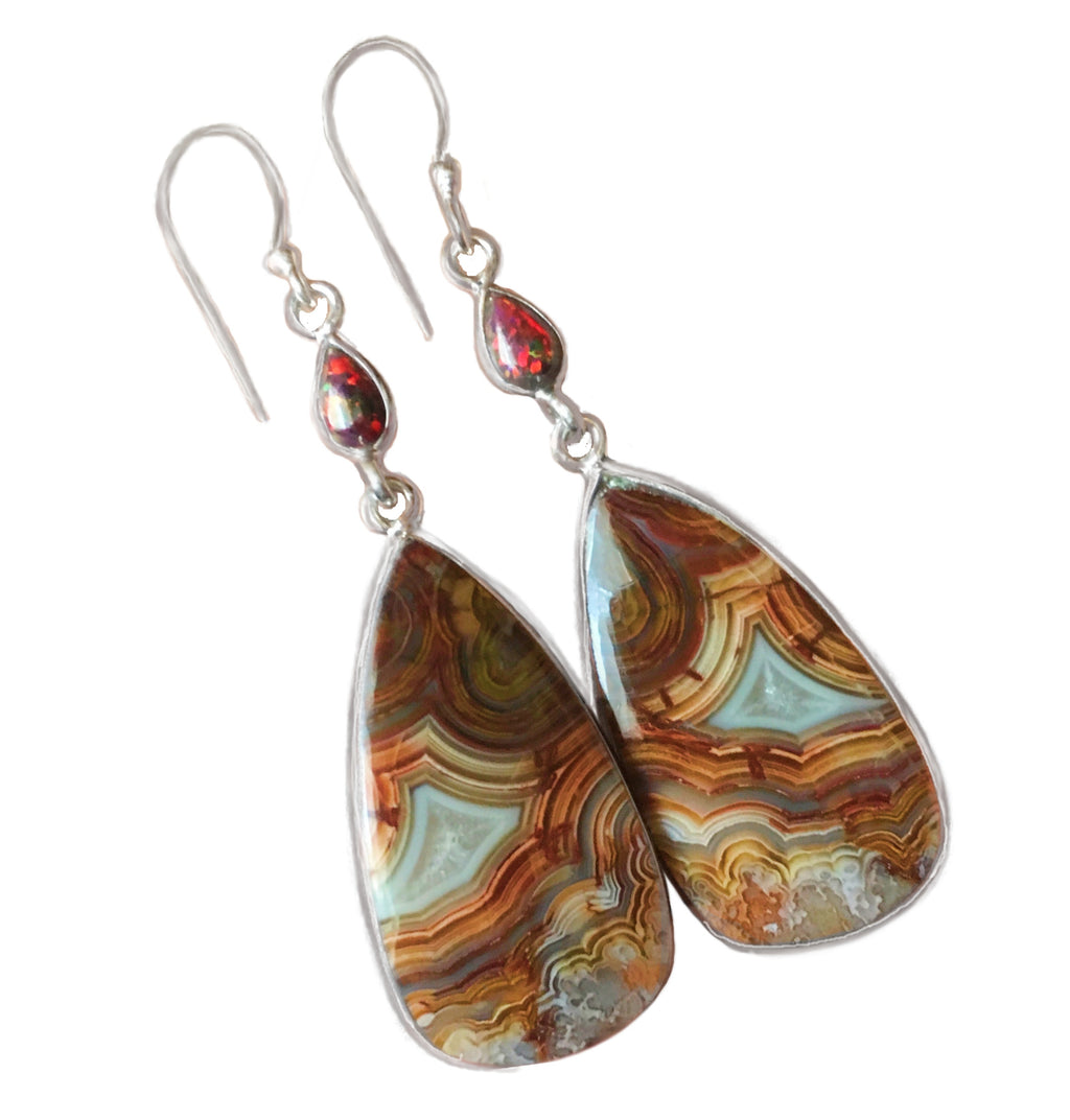 Natural Mexican Laguna Lace Agate, Fire Opal Gemstone Solid .925 Sterling Silver Earrings - BELLADONNA